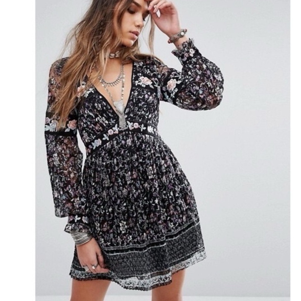 Free People Cherry Blossom Black Floral Long Sleeve Dress
